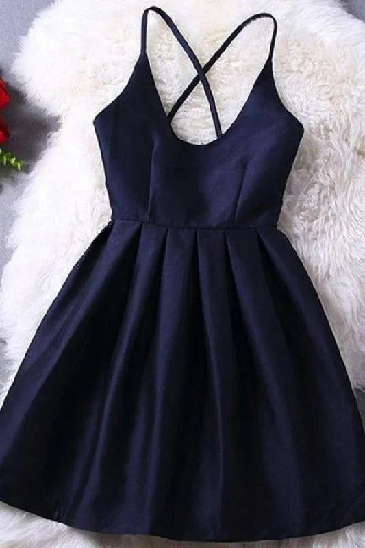 Party Dresses with Sequined Hearts and Ruffled Hem and Satin and Lace Combo for Ladies' Romantic and Feminine LookHomecoming Dress Dark Navy Criss-Cross Straps Short Prom Dress  PD370