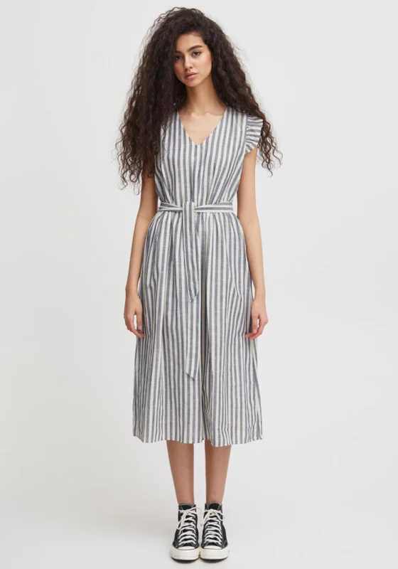 Wrap - around midi dress for a flattering and adjustable fitIchi Striped Ruffle Shoulder Midi Dress, Natural Wrap - around midi dress for a flattering and adjustable fitIchi Striped Ruffle Shoulder Midi Dress, Natural
