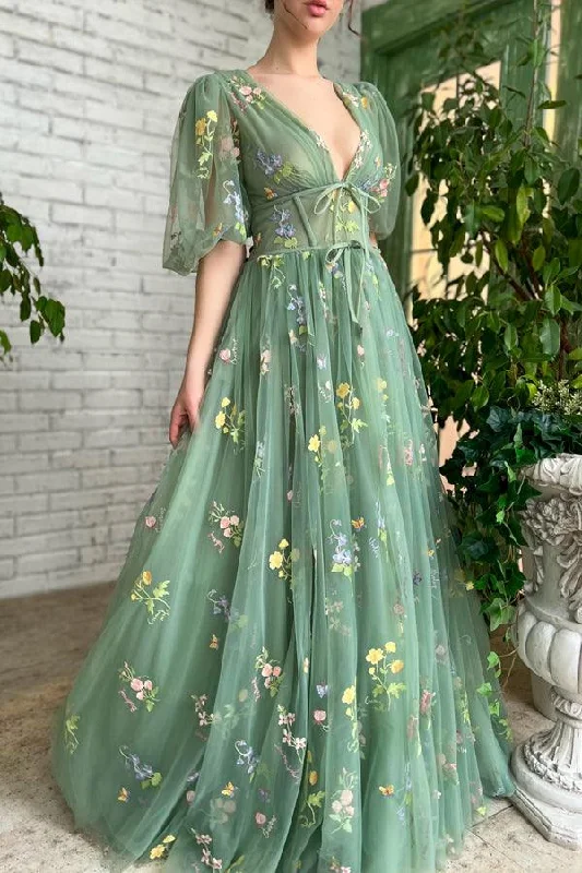 Party Dresses with Metallic Sequined Bodice and Chiffon Skirt and Ruffled Hem for Ladies' Glamorous and Flirty LookIllusion A-Line V-Neck Half Sleeves Appliques Tulle Prom Formal Dress  PSK384