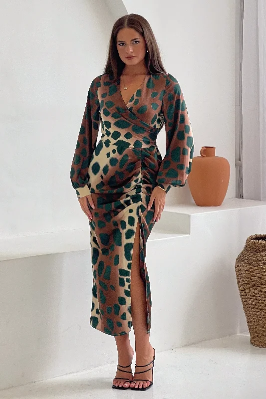 Lace - up midi dress for a trendy and adjustable lookInez Mixed Animal Ruched Long Sleeve Midi Dress Lace - up midi dress for a trendy and adjustable lookInez Mixed Animal Ruched Long Sleeve Midi Dress