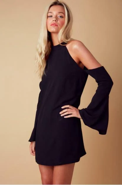 Embroidered Party Dresses with Metallic Thread for Ladies' Cultural FestivalsIpanema Black Cold Shoulder Dress