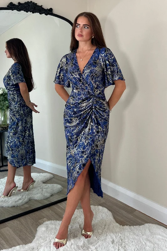 Designer - brand midi dress with a high - end labelIsla Blue & Gold Midi Dress