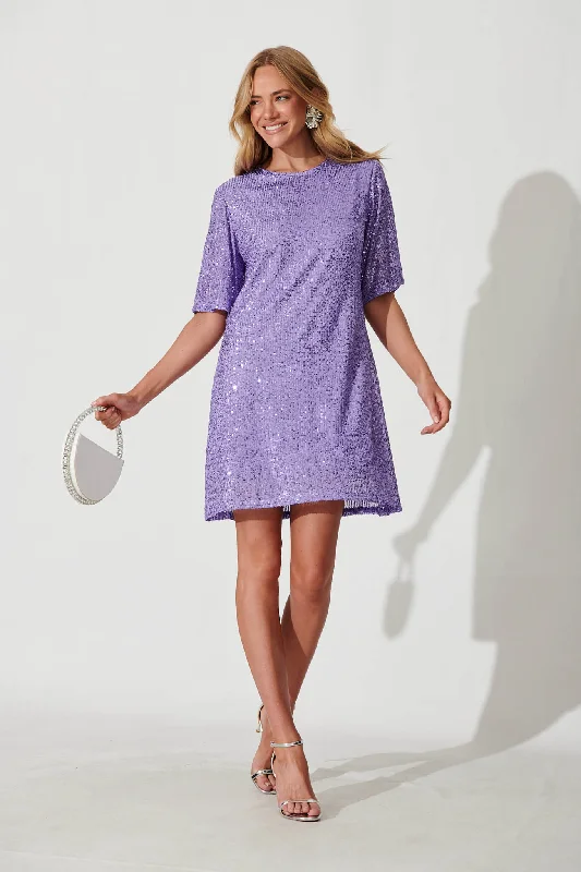 Party Dresses with High Low Sheer Skirt and Embroidered Birds for Ladies' Nature Inspired and Dramatic LookIts Me Dress In Lavender Sequin