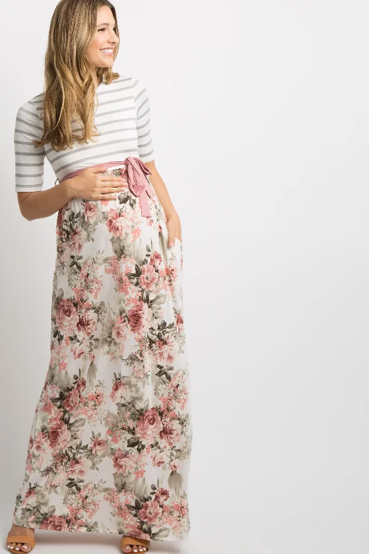Dresses with Sequined Geometric Shapes and Lace and Chiffon Blend and Ruffled Sleeves for Ladies' Modern and Dramatic LookIvory Striped Colorblock Floral Maternity Maxi Dress Dresses with Sequined Geometric Shapes and Lace and Chiffon Blend and Ruffled Sleeves for Ladies' Modern and Dramatic LookIvory Striped Colorblock Floral Maternity Maxi Dress