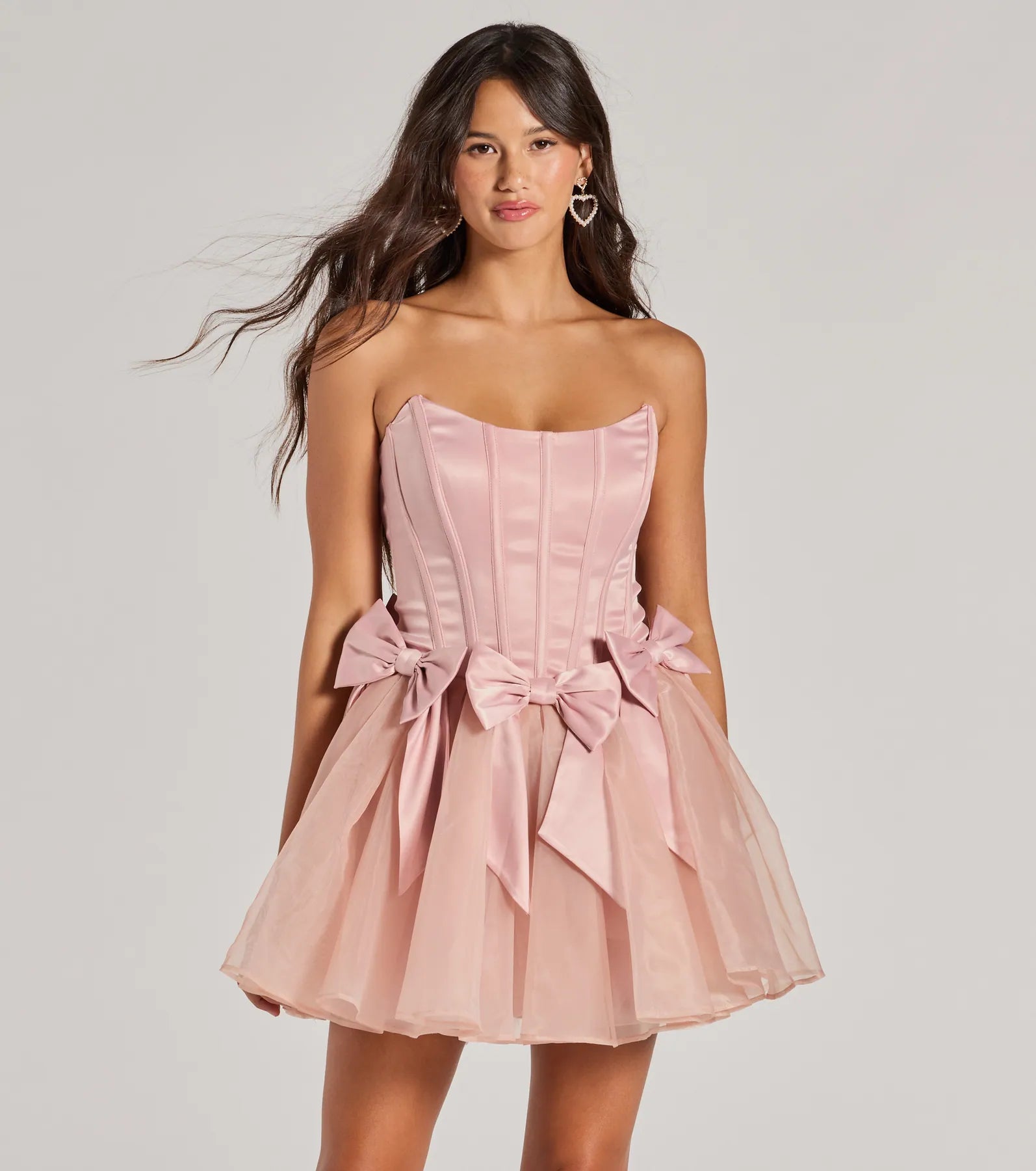 Party Dresses with Tulle Overlay and Beaded Bodice and High Low Hem for Ladies' Dramatic and Graceful LookJaimie Strapless Corset Bow A-Line Party Dress