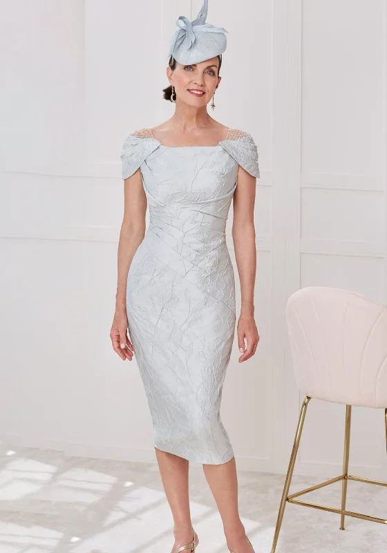 Square neck midi dress for a vintage - inspired charmJohn Charles Jacquard Mesh Shoulder Midi Dress, Silver
