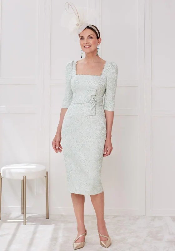 Striped cotton midi dress for a classic and timeless lookJohn Charles Jacquard Bow Waist Midi Dress, Pistachio