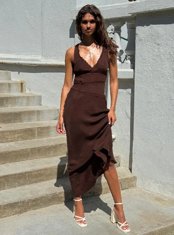 Party Dresses with Cut Out Details and Lace Insertions for Ladies' Bold and Feminine LookKarlotta Lace Bias Maxi Dress Brown