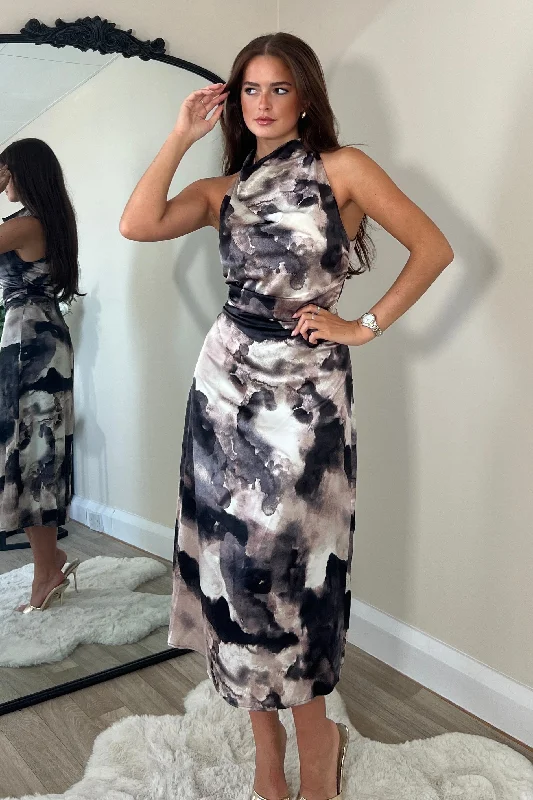Midi dress for a movie night with a cozy sweater or jacketKaz Cowl Neck Brown Abstract Midi Dress Midi dress for a movie night with a cozy sweater or jacketKaz Cowl Neck Brown Abstract Midi Dress