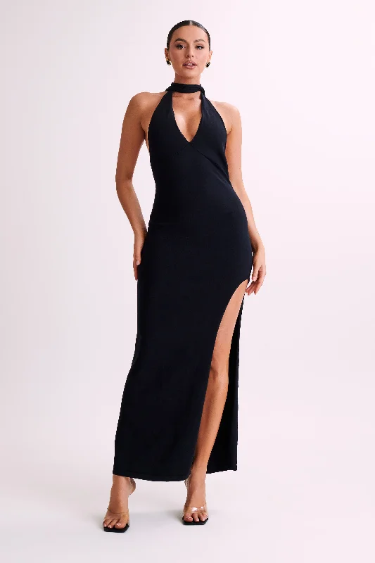 Party Dresses with Ruffled Hem and Bow at the Waist and Satin Ribbon for Ladies' Sweet and Feminine LookKoko Knit Maxi Dress With Split - Black