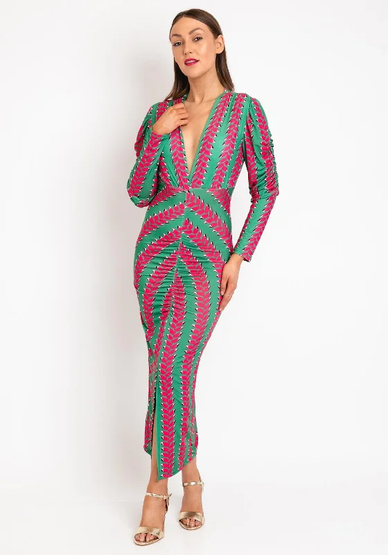 Collared midi dress for a more formal and put - together lookThe Sofia Collection Printed Pencil Midi Dress, Green & Pink Collared midi dress for a more formal and put - together lookThe Sofia Collection Printed Pencil Midi Dress, Green & Pink