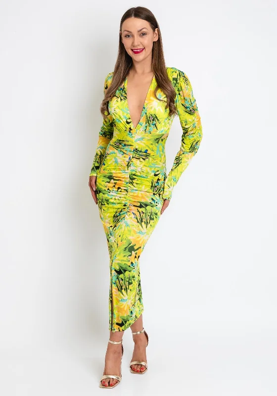 Fringe - trimmed midi dress for a playful and trendy appearanceThe Sofia Collection Printed Pencil Midi Dress, Yellow Multi Fringe - trimmed midi dress for a playful and trendy appearanceThe Sofia Collection Printed Pencil Midi Dress, Yellow Multi