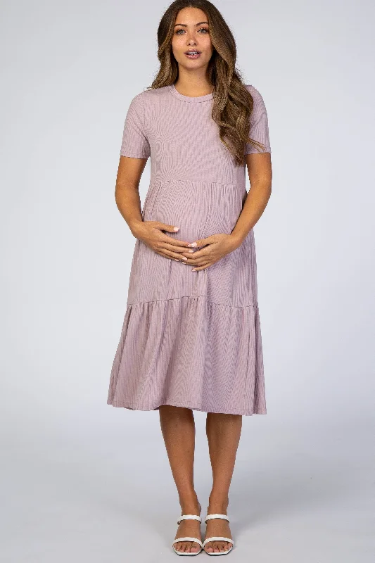 Dresses with Sheer Panels and Beaded Trim and Embroidered Paisley Patterns and Ruffled Hem for Ladies' Sultry and Exotic LookLavender Ribbed Tiered Maternity Dress Dresses with Sheer Panels and Beaded Trim and Embroidered Paisley Patterns and Ruffled Hem for Ladies' Sultry and Exotic LookLavender Ribbed Tiered Maternity Dress