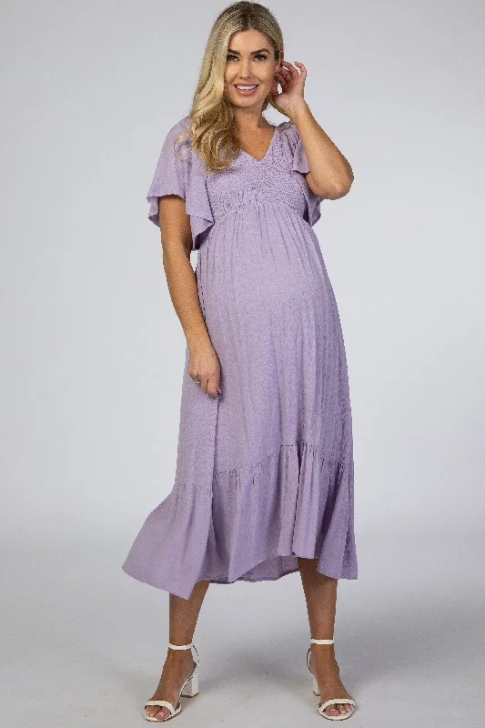 Dresses with Lace Insertions on the Skirt for Ladies' Feminine and Elegant LookLavender Smocked Ruffle Maternity Dress