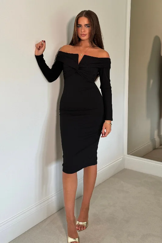 Midi dress for evening events when paired with the right accessoriesLayla Off The Shoulder Twist Detail Midi Dress Black Midi dress for evening events when paired with the right accessoriesLayla Off The Shoulder Twist Detail Midi Dress Black