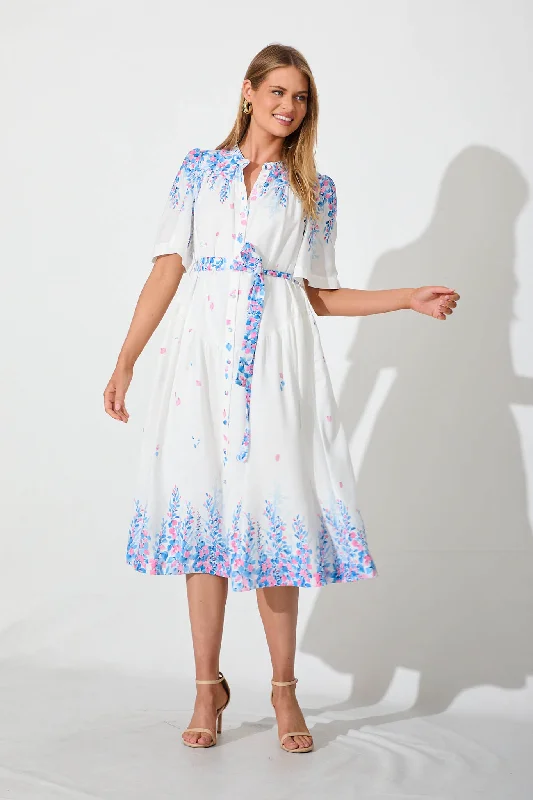 Halter - neck midi dress for a modern and stylish lookLaylah Midi Dress In White With Blue Floral Placement Linen Blend Halter - neck midi dress for a modern and stylish lookLaylah Midi Dress In White With Blue Floral Placement Linen Blend
