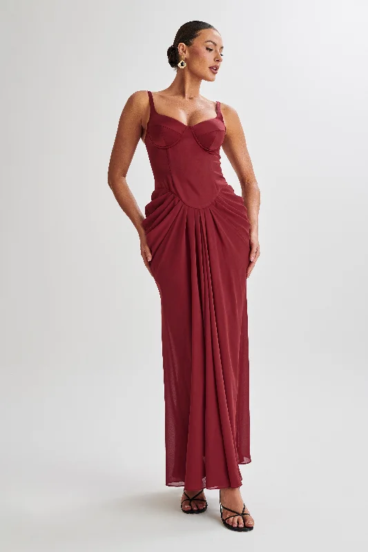 Party Dresses with Lace and Tulle Combo and Bow Accents for Ladies' Fairy Tale LookLeila Satin Corset Maxi Dress - Wine