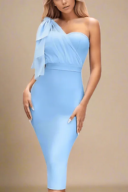 Party Dresses with Sheer Sleeve and Sequined Cuffs and Bow at the Waist for Ladies' Elegant and Sweet LookLesley Bandage Dress - Sky Blue