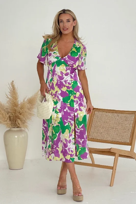 Midi dress for tall women with extra - long lengthsLevi Purple Angel Sleeve Split Leg Midi Dress Midi dress for tall women with extra - long lengthsLevi Purple Angel Sleeve Split Leg Midi Dress