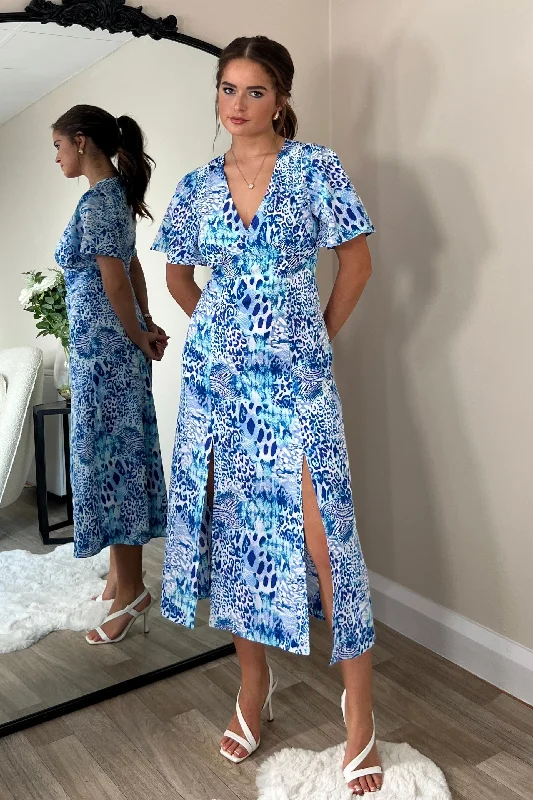 Zip - front midi dress for easy on - and - off convenienceLevi V Neck Angel Sleeve Split Leg Midi Dress Blue Zip - front midi dress for easy on - and - off convenienceLevi V Neck Angel Sleeve Split Leg Midi Dress Blue