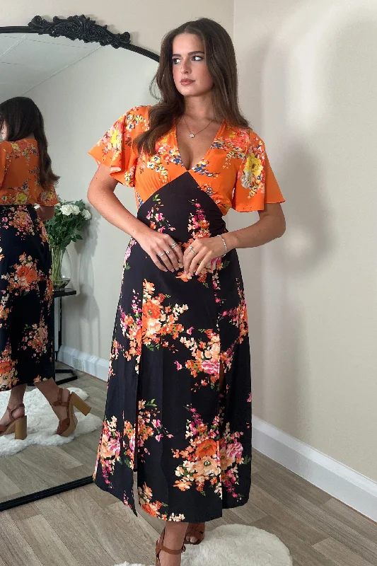 Midi dress for a church service in a more relaxed and modern churchLevi V Neck Angel Sleeve Split Leg Midi Dress Orange Black Midi dress for a church service in a more relaxed and modern churchLevi V Neck Angel Sleeve Split Leg Midi Dress Orange Black