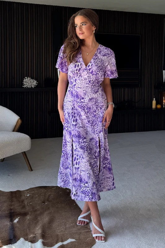 Bow - decorated midi dress for a feminine and charming lookLevi V Neck Angel Sleeve Split Leg Midi Dress Purple Bow - decorated midi dress for a feminine and charming lookLevi V Neck Angel Sleeve Split Leg Midi Dress Purple