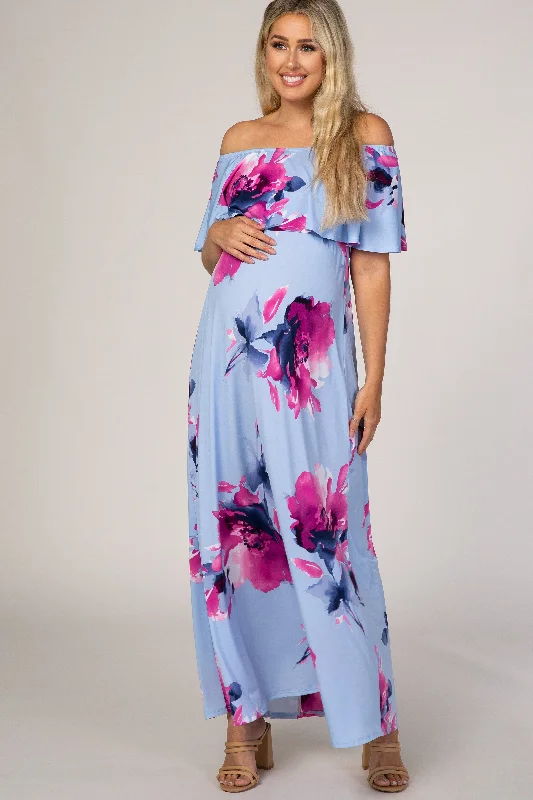 Gothic Style Dresses for Ladies with Black Lace AccentsLight Blue Floral Off Shoulder Maternity Maxi Dress Gothic Style Dresses for Ladies with Black Lace AccentsLight Blue Floral Off Shoulder Maternity Maxi Dress