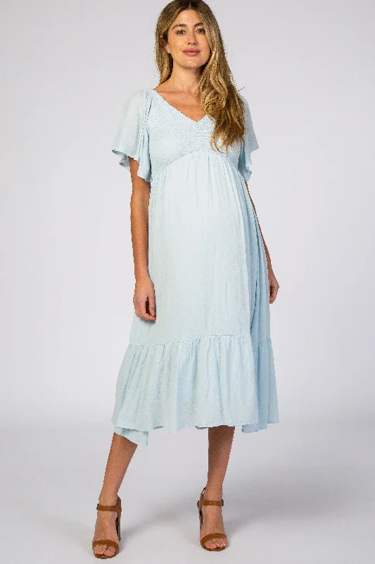 Dresses with Sheer Sleeve and Sequined Cuffs and Bow at the Waist for Ladies' Elegant and Sweet LookLight Blue Smocked Ruffle Maternity Dress Dresses with Sheer Sleeve and Sequined Cuffs and Bow at the Waist for Ladies' Elegant and Sweet LookLight Blue Smocked Ruffle Maternity Dress