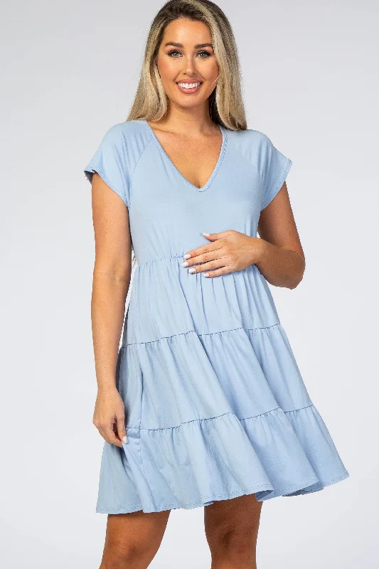 Vintage Inspired Tea Length Dresses for Ladies with Ruffled CollarLight Blue Tiered Maternity Dress Vintage Inspired Tea Length Dresses for Ladies with Ruffled CollarLight Blue Tiered Maternity Dress