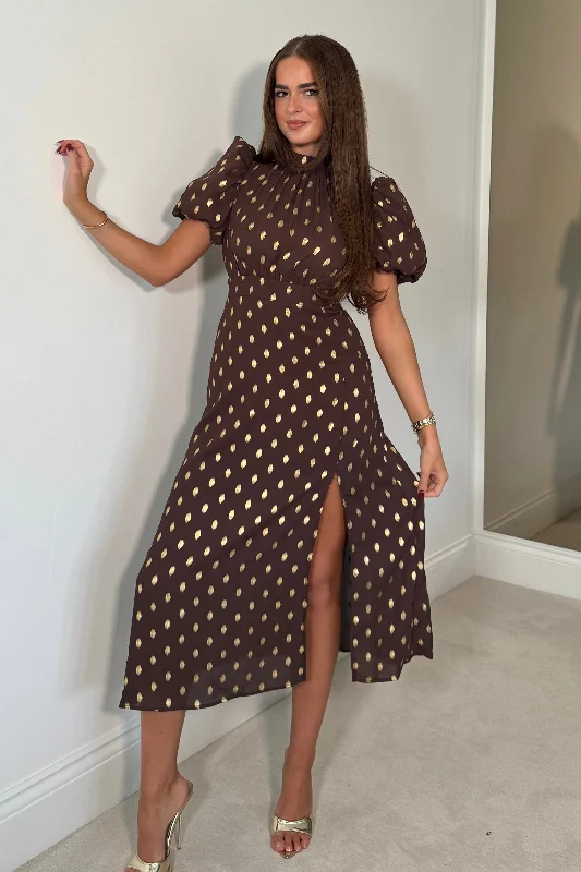 Mermaid - style midi dress for a figure - hugging and glamorous lookLilith Brown & Gold Puff Sleeve High Neck Midi Dress Mermaid - style midi dress for a figure - hugging and glamorous lookLilith Brown & Gold Puff Sleeve High Neck Midi Dress