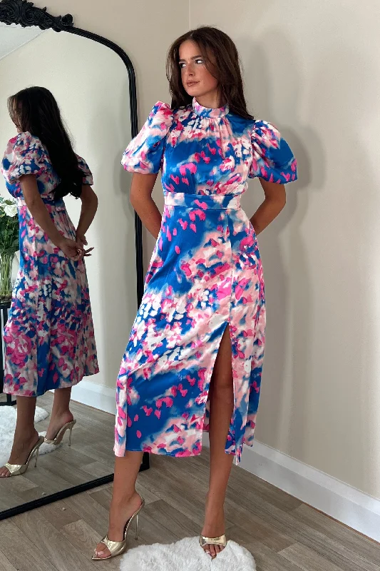 Button - down denim midi dress for a casual and laid - back lookLilith Puff Sleeve High Neck Midi Dress Blue Pink Print Button - down denim midi dress for a casual and laid - back lookLilith Puff Sleeve High Neck Midi Dress Blue Pink Print