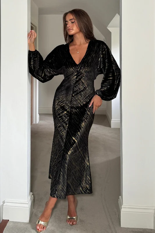 Party Dresses with Embroidered Tribal Patterns and Satin Sash and Beaded Waistband for Ladies' Cultural and Glamorous LookLondon V Neck Long Sleeve Maxi Dress in Black and Gold Velvet