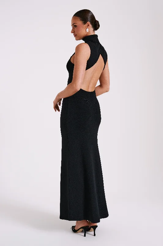 Party Dresses with Sheer Panels and Beaded Trim and Bow at the Back for Ladies' Sexy and Polished LookLouisa High Neck Knit Maxi Dress - Black