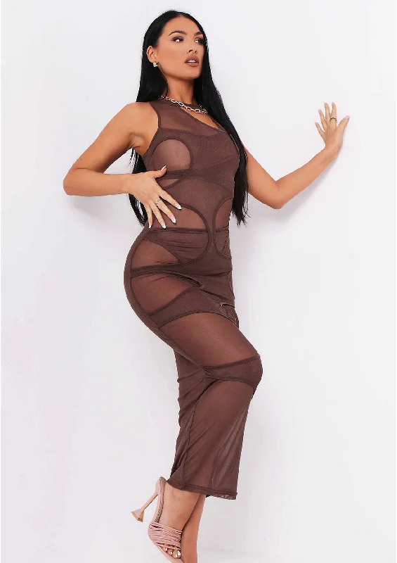 Party Dresses with Satin Trimmed Collar and Bow Back and Embroidered Skirt for Ladies' Classic and Intricate LookLucy Chocolate Mesh Cut Out Maxi Dress