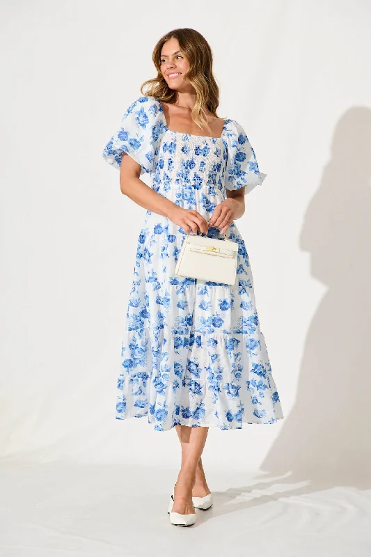 Midi dress for a dance party to show off your movesLuella Midi Dress In White With Blue Floral Cotton Blend Midi dress for a dance party to show off your movesLuella Midi Dress In White With Blue Floral Cotton Blend
