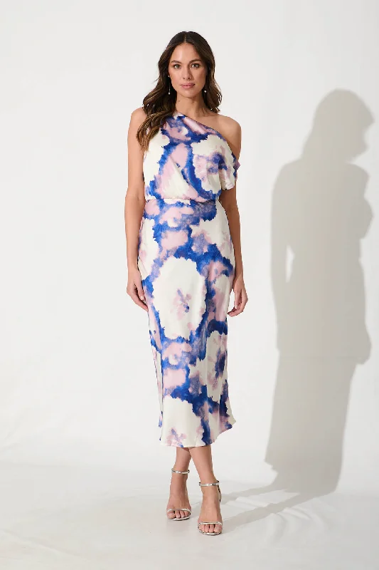 Velvet midi dress for a luxurious and soft feelLux Off Shoulder Midi Dress In Blue Watercolour Satin Velvet midi dress for a luxurious and soft feelLux Off Shoulder Midi Dress In Blue Watercolour Satin