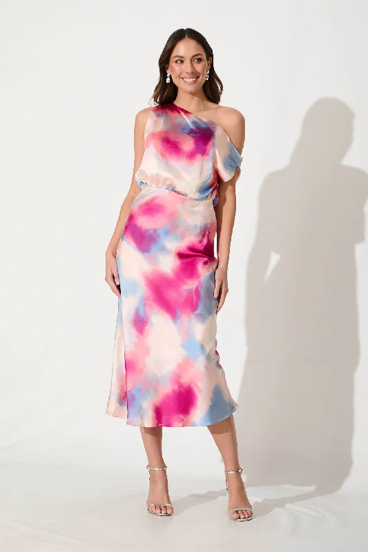 Halter - neck midi dress for a modern and stylish lookLux Off Shoulder Midi Dress In Pink With Multi Watercolour Satin Halter - neck midi dress for a modern and stylish lookLux Off Shoulder Midi Dress In Pink With Multi Watercolour Satin