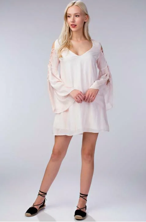 Plaid Party Dresses with Satin Trim for Ladies' Preppy and Stylish VibeLyla Blush Bell Sleeve Shift Dress