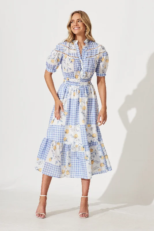 Stretch - fabric midi dress for a flexible and body - hugging fitLynette Midi Dress In Blue Gingham Check With Lemon Patch Print Stretch - fabric midi dress for a flexible and body - hugging fitLynette Midi Dress In Blue Gingham Check With Lemon Patch Print