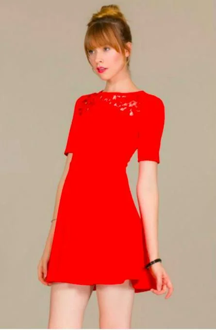 Sleeveless Party Dresses with Sequined Neckline for Ladies' Glamorous AppealMaggie Red Crochet Trim Skater dress