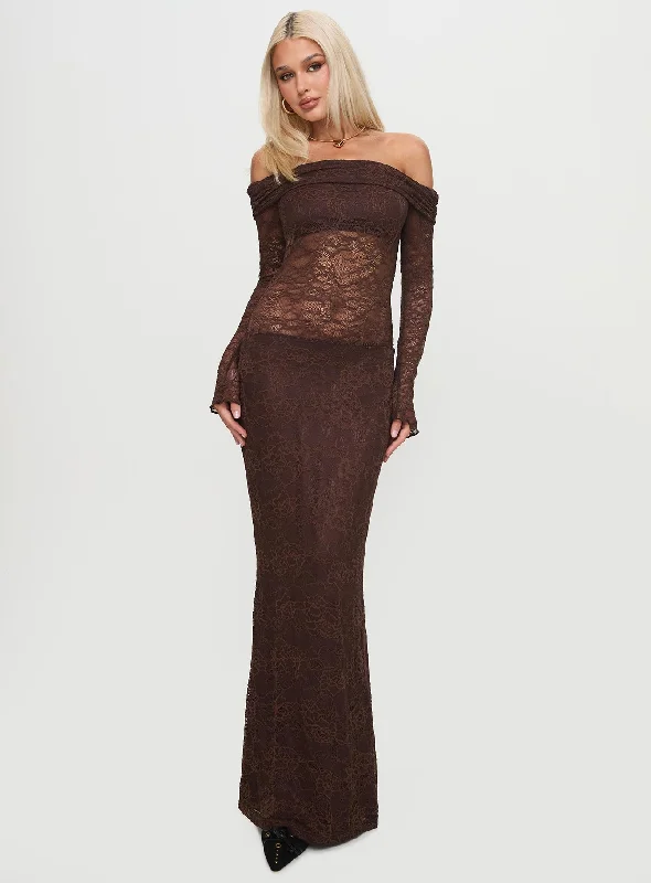 Party Dresses with Lace Insertions on the Skirt and Beaded Waistband and Ruffled Hem for Ladies' Feminine and Flirty LookMake Your Mark Off Shoulder Maxi Dress Chocolate