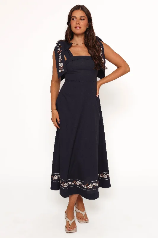 Ruffled hem midi dress for a charming and playful vibeMarcella Midi Dress - Navy