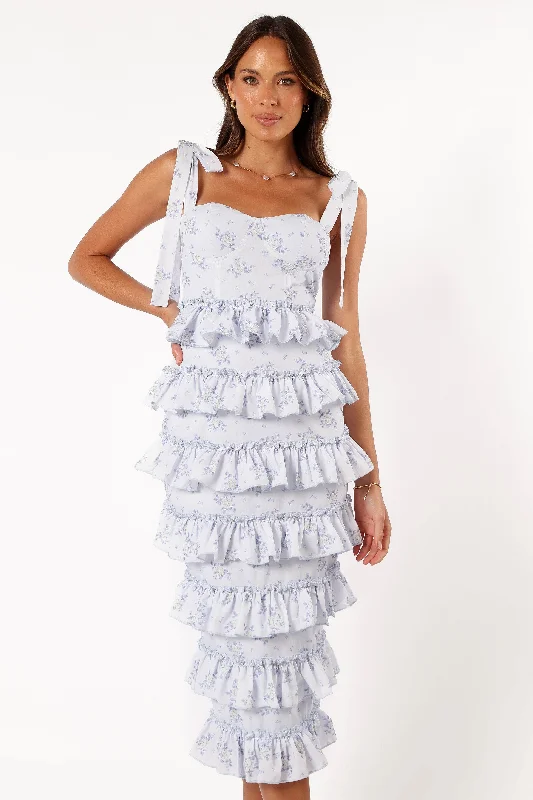 Lace - up midi dress for a trendy and adjustable lookMarina Frilled Midi Dress - Blue Floral Lace - up midi dress for a trendy and adjustable lookMarina Frilled Midi Dress - Blue Floral