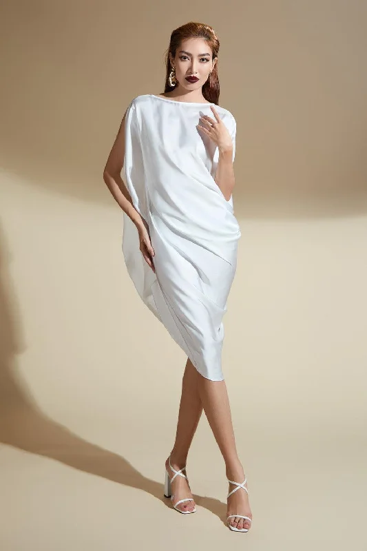 Embroidered - beadwork midi dress for a luxurious and detailed lookMary Asymmetric Diagonal Neck Silk Satin Midi Dress Embroidered - beadwork midi dress for a luxurious and detailed lookMary Asymmetric Diagonal Neck Silk Satin Midi Dress