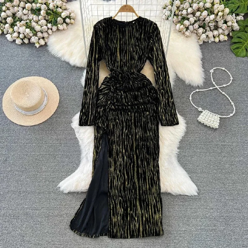 Party Dresses with High Neck and Embroidered Back for Ladies' Modest and Intricate LookMastro Velour Winter Dress