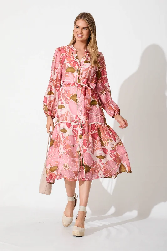 Split - hem midi dress for added mobility and a trendy styleMatira Midi Dress In Multi Pink Floral Cotton Blend Split - hem midi dress for added mobility and a trendy styleMatira Midi Dress In Multi Pink Floral Cotton Blend