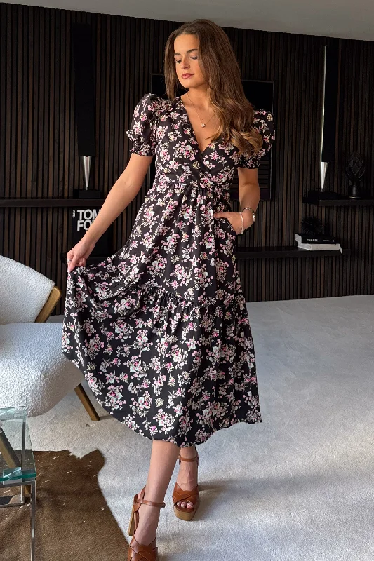 70s - inspired bohemian midi dress with a free - spirited lookMaya Wrap Tierred Midi Dress Black Floral 70s - inspired bohemian midi dress with a free - spirited lookMaya Wrap Tierred Midi Dress Black Floral