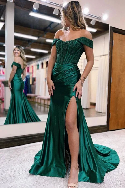 Party Dresses with Sequined Hearts and Ruffled Hem and Satin and Lace Combo and Bow at the Waist for Ladies' Romantic and Sweet LookMermaid Off Shoulder Satin Lace Long Prom Dress Formal Evening Dress  PSK375
