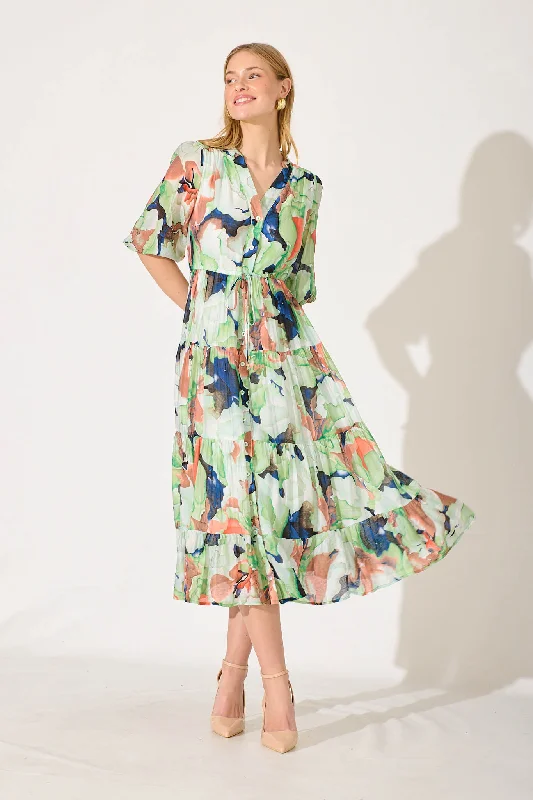 Maxi - length midi dress with a flowing silhouetteMessina Midi Dress In Green With Multi Print Maxi - length midi dress with a flowing silhouetteMessina Midi Dress In Green With Multi Print