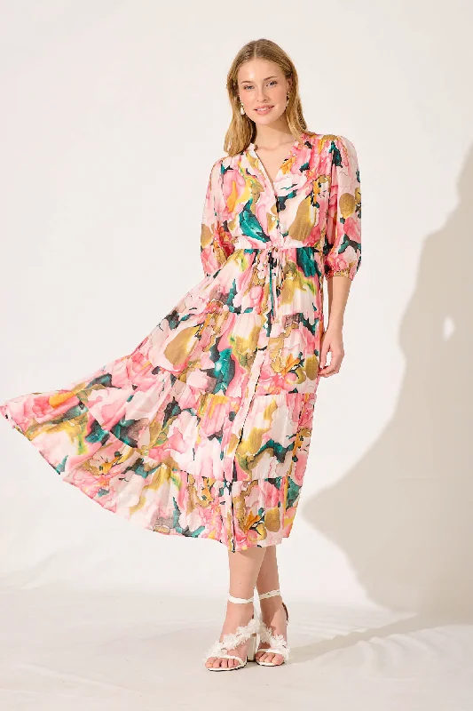 A - line satin midi dress for a formal and elegant occasionMessina Midi Dress In Pink Multi Print A - line satin midi dress for a formal and elegant occasionMessina Midi Dress In Pink Multi Print